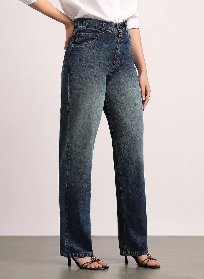 Urbano Fashion  Urbano Fashion Women's Dark Blue High Rise Straight Fit Washed Jeans Non-Stretchable for Women | Best Price UAE